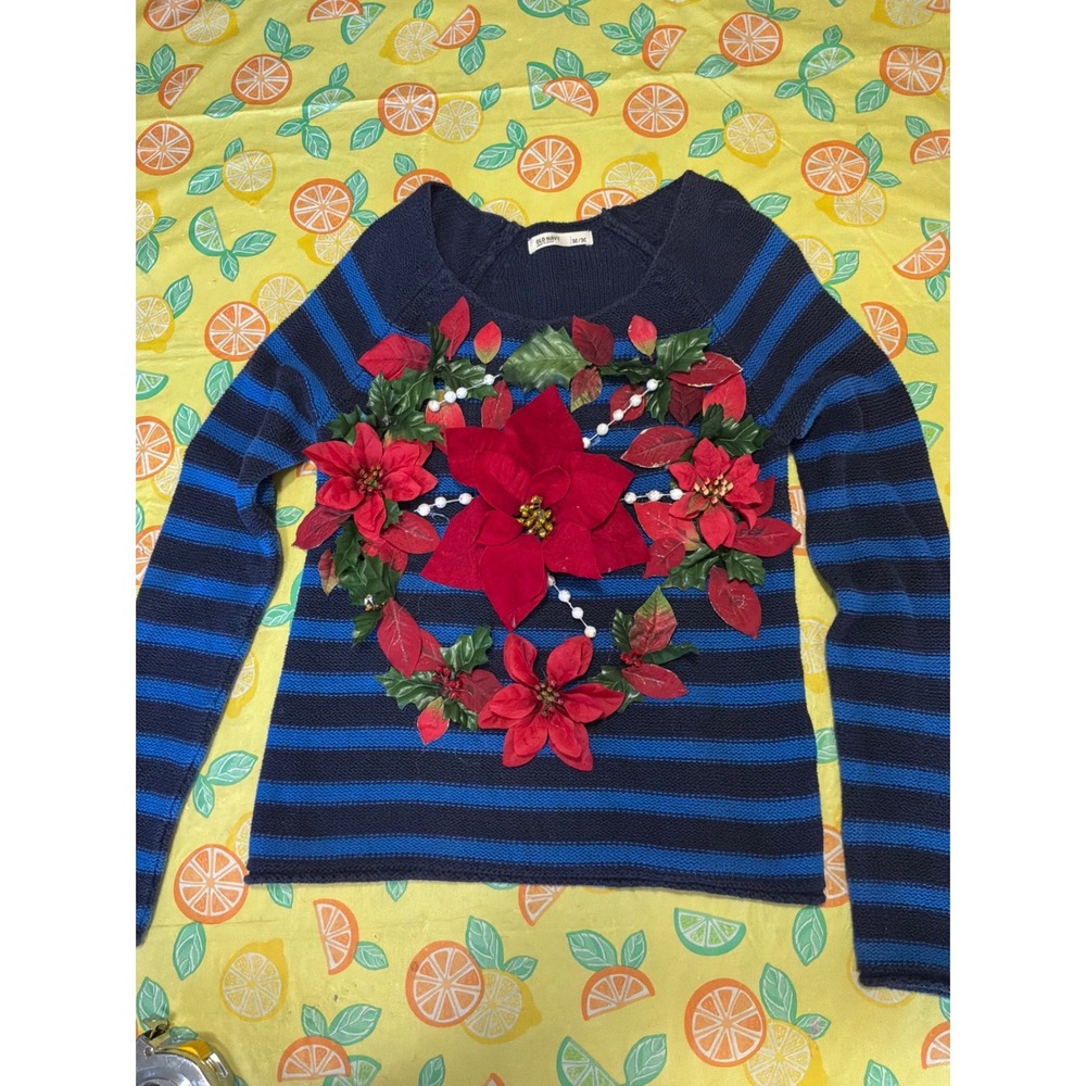 [Holiday]‎ Womens Old Navy Christmas Poinsettia Wreath Sweater M Blue Striped